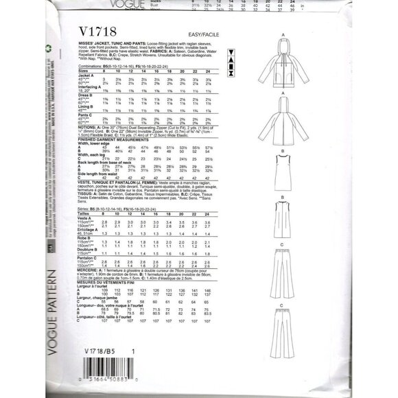 Vogue V1718 Misses 8 to 16 Jacket, Tunic Top and Pants Uncut Sewing Pattern - Picture 2 of 2